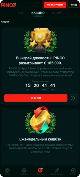 Выбор слота в приложении Pinco