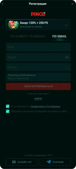 Активированный бонус в Pinco App