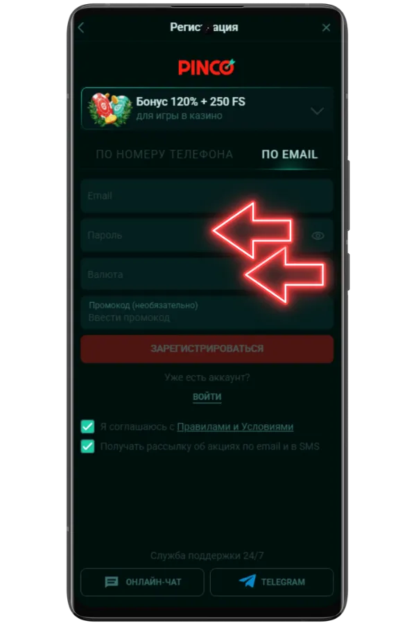 Создайте пароль и выберите валютуконтактные данные