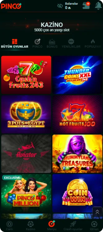 Pinco Casino App əsas ekranı